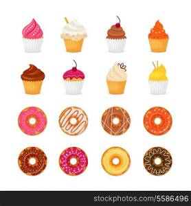 Food sweets bakery and pastry donut and cupcake icons set isolated vector illustration