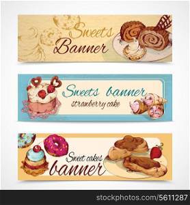 Food sweets bakery and pastry sketch colored banners set isolated vector illustration