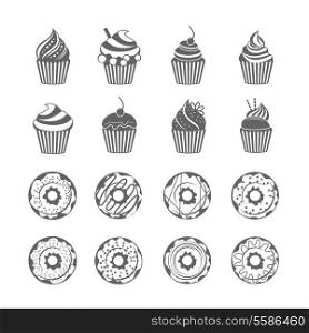 Food sweets donut with glaze and cupcake with cream black icons set isolated vector illustration