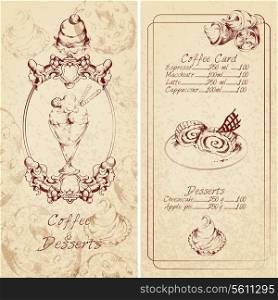 Food sweets ice cream cakes sketch colored desserts menu template vector illustration.