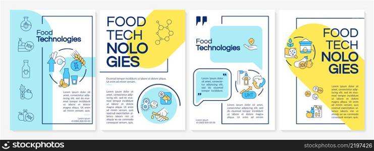 Food technologies blue and yellow brochure template. Processing techniques. Leaflet design with linear icons. 4 vector layouts for presentation, annual reports. Questrial, Lato-Regular fonts used. Food technologies blue and yellow brochure template