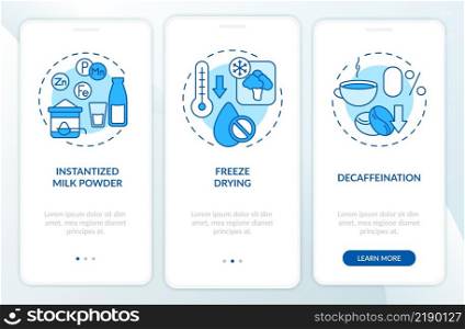 Food technology blue onboarding mobile app screen. Processing products walkthrough 3 steps graphic instructions pages with linear concepts. UI, UX, GUI template. Myriad Pro-Bold, Regular fonts used. Food technology blue onboarding mobile app screen