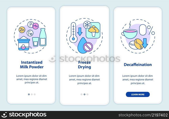 Food technology onboarding mobile app screen. Processing products walkthrough 3 steps graphic instructions pages with linear concepts. UI, UX, GUI template. Myriad Pro-Bold, Regular fonts used. Food technology onboarding mobile app screen