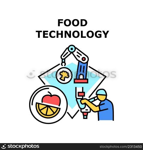 Food Technology Vector Icon Concept. Chemist Laboratory Worker Researching Nutrition Modified Genetically And Factory Modern Food Technology. Fruit And Vegetable Agriculture Color Illustration. Food Technology Vector Concept Color Illustration