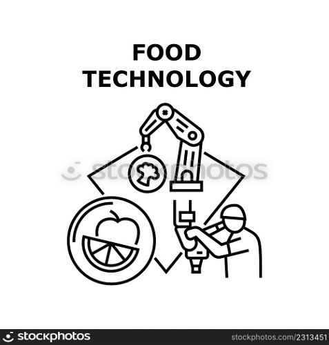 Food Technology Vector Icon Concept. Chemist Laboratory Worker Researching Nutrition Modified Genetically And Factory Modern Food Technology. Fruit And Vegetable Agriculture Black Illustration. Food Technology Vector Concept Black Illustration