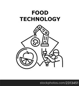 Food Technology Vector Icon Concept. Chemist Laboratory Worker Researching Nutrition Modified Genetically And Factory Modern Food Technology. Fruit And Vegetable Agriculture Black Illustration. Food Technology Vector Concept Black Illustration