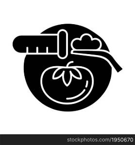 Food testing black glyph icon. Nutrition safety and quality check. Sampling process. Product analysis. Chemical and nutritional research. Silhouette symbol on white space. Vector isolated illustration. Food testing black glyph icon
