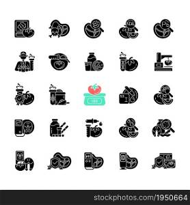 Food testing black glyph icons set on white space. Various examination methods. Nutrition scientific analysis. Laboratory research equipment. Silhouette symbols. Vector isolated illustration. Food testing black glyph icons set on white space