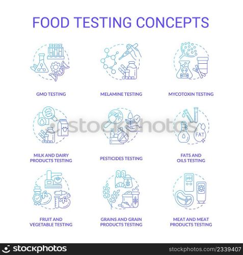 Food testing blue gradient concept icons set. Performing experiments for analysis idea thin line color illustrations. Meat, dairy products. Isolated symbols. Roboto-Medium, Myriad Pro-Bold fonts used. Food testing blue gradient concept icons set
