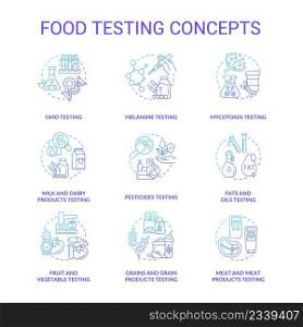 Food testing blue gradient concept icons set. Performing experiments for analysis idea thin line color illustrations. Meat, dairy products. Isolated symbols. Roboto-Medium, Myriad Pro-Bold fonts used. Food testing blue gradient concept icons set