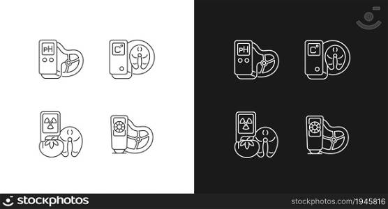 Food testing equipment linear icons set for dark and light mode. Scientific technology for product analysis. Customizable thin line symbols. Isolated vector outline illustrations. Editable stroke. Food testing equipment linear icons set for dark and light mode