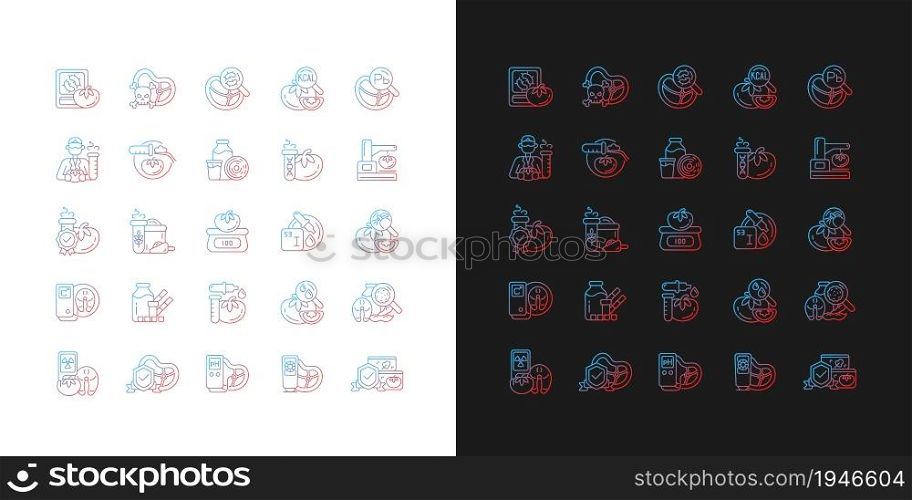 Food testing gradient icons set for dark and light mode. Various testing methods. Foods analysis. Thin line contour symbols bundle. Isolated vector outline illustrations collection on black and white. Food testing gradient icons set for dark and light mode