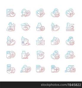 Food testing gradient linear vector icons set. Examination methods. Nutrition scientific analysis. Laboratory research. Thin line contour symbols bundle. Isolated outline illustrations collection. Food testing gradient linear vector icons set