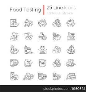 Food testing linear icons set. Examination methods. Nutrition scientific analysis. Laboratory research. Customizable thin line contour symbols. Isolated vector outline illustrations. Editable stroke. Food testing linear icons set