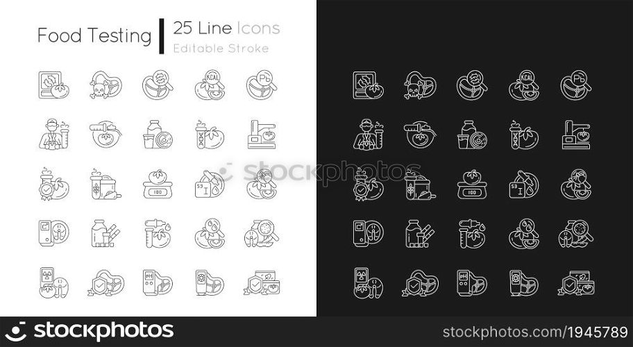 Food testing linear icons set for dark and light mode. Various testing methods. Nutrition scientific analysis. Customizable thin line symbols. Isolated vector outline illustrations. Editable stroke. Food testing linear icons set for dark and light mode