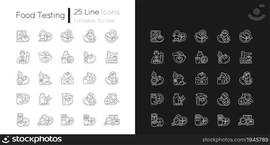 Food testing linear icons set for dark and light mode. Various testing methods. Nutrition scientific analysis. Customizable thin line symbols. Isolated vector outline illustrations. Editable stroke. Food testing linear icons set for dark and light mode
