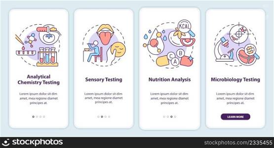 Food testing onboarding mobile app screen. Analytical chemistry testing walkthrough 4 steps graphic instructions pages with linear concepts. UI, UX, GUI template. Myriad Pro-Bold, Regular fonts used. Food testing onboarding mobile app screen