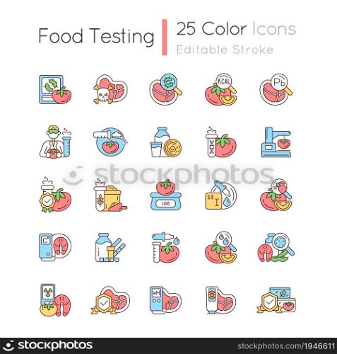 Food testing RGB color icons set. Examination methods. Nutrition scientific analysis. Laboratory research. Isolated vector illustrations. Simple filled line drawings collection. Editable stroke. Food testing RGB color icons set
