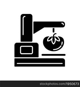 Food texture analyzer black glyph icon. Textural testing. Mechanical and physical propertie evaluation method. Food structure analysis. Silhouette symbol on white space. Vector isolated illustration. Food texture analyzer black glyph icon