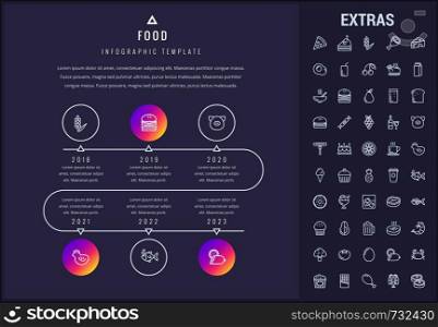 Food timeline infographic template, elements and icons. Infograph includes years, line icon set with food ingredients, restaurant meal, fruit and vegetables, snacks, fast food, eat plan, cheese etc.. Food infographic template, elements and icons.