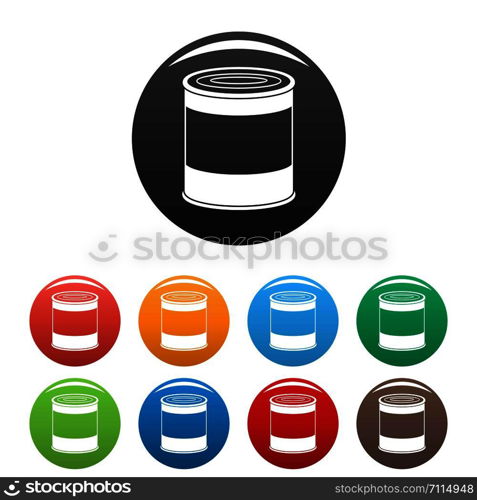 Food tin can icons set 9 color vector isolated on white for any design. Food tin can icons set color