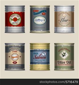 Food tin rusty cans with tomato soup sardines flour decorative icons set isolated vector illustration