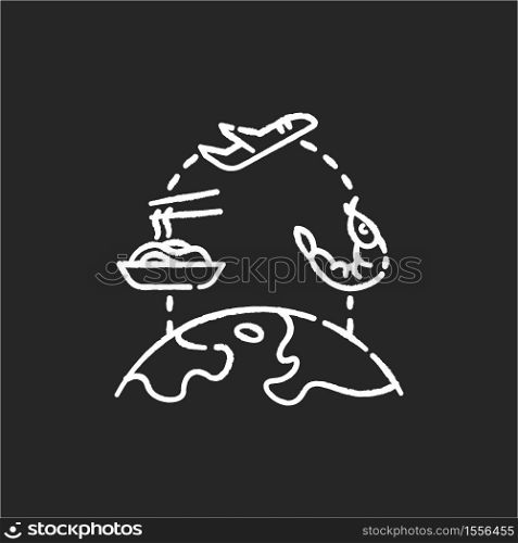 Food tourism chalk white icon on black background. International culinary tours. Exploring international kitchen, traditional cuisine. World map with dishes isolated vector chalkboard illustration. Food tourism chalk white icon on black background
