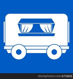 Food trailer icon white isolated on blue background vector illustration. Food trailer icon white
