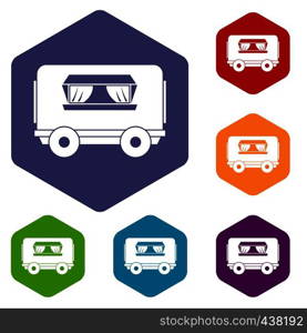 Food trailer icons set hexagon isolated vector illustration. Food trailer icons set hexagon