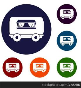 Food trailer icons set in flat circle red, blue and green color for web. Food trailer icons set