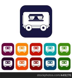 Food trailer icons set vector illustration in flat style In colors red, blue, green and other. Food trailer icons set flat