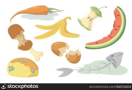 Food trash set. Rotten fruits, vegetables, meat, fish and bread organic waste isolated on shite background. Vector illustration for disposal garbage, reuse, rubbish, dump concept