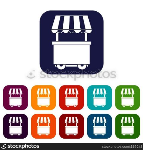 Food trolley with awning icons set vector illustration in flat style In colors red, blue, green and other. Food trolley with awning icons set flat