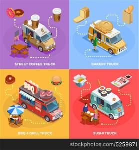 Food Truck 4 Isometric icons Square . Street coffee snacks bread sushi and bbq food trucks 4 isometric icons square banner isolated vector illustration