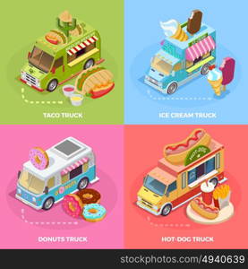 Food Truck 4 Isometric Icons Square. Street food trucks 4 isometric icons square banner with tacos ice cream and donuts isolated vector illustration