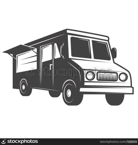 Food truck emblem isolated on white background. Design element for label, brand mark, sign, poster. Vector illustration