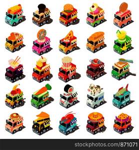 Food truck icons set. Isometric illustration of 25 food truck vector icons for web. Food truck icons set, isometric style