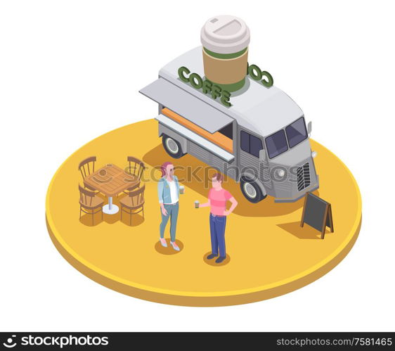 Food truck isometric composition with human characters and coffee truck on top of circle platform vector illustration