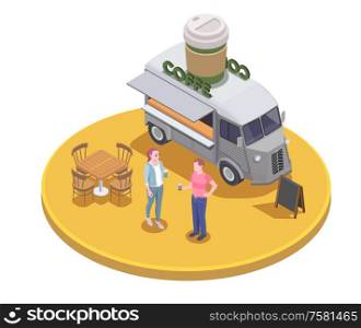 Food truck isometric composition with human characters and coffee truck on top of circle platform vector illustration