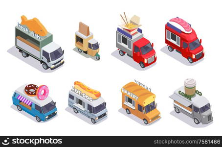 Food truck isometric set with eight isolated images of mobile fastfood restaurant vehicles with different design vector illustration