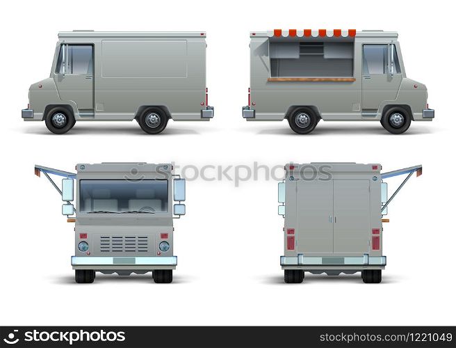 Food truck mockup. Realistic delivery car or mobile kitchen with open window for brand identity. Vector blank isolated set of street food truck on white background like restaurant commercial brand. Food truck mockup. Realistic delivery car or mobile kitchen with open window for brand identity. Vector blank isolated set of street food truck