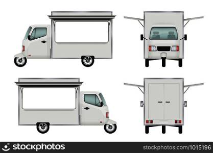 Food truck realistic. Fast food delivery motorbike transport open truck window catering service vector 3d illustrations. Illustration of delivery motorbike, car scooter. Food truck realistic. Fast food delivery motorbike transport open truck window catering service vector 3d illustrations