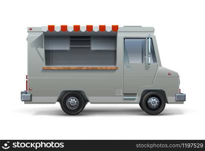 Food truck. Realistic mockup of ice cream or street food trailer with open window, canteen on wheels isolated on white. Vector cargo van for mobile fastfood sell. Food truck. Realistic mockup of ice cream or street food trailer with open window, canteen on wheels isolated on white. Vector cargo van