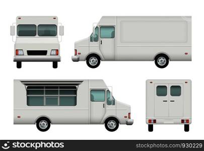Food truck realistic. White automobile of street food delivery catering 3d vector pictures. Delivery truck food, vehicle car restaurant illustration. Food truck realistic. White automobile of street food delivery catering 3d vector pictures