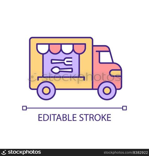 Food truck RGB color icon. Specialized vehicle for snacks cooking and selling. Mobile kitchen. Catering van. Isolated vector illustration. Simple filled line drawing. Editable stroke. Arial font used. Food truck RGB color icon