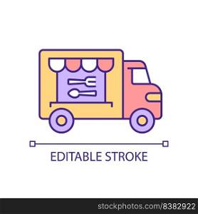 Food truck RGB color icon. Specialized vehicle for snacks cooking and selling. Mobile kitchen. Catering van. Isolated vector illustration. Simple filled line drawing. Editable stroke. Arial font used. Food truck RGB color icon