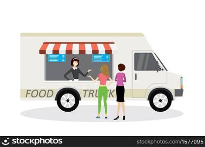 food truck,Seller in front and buyers back view,modern van transport,flat vector illustration. food truck,Seller in front and buyers back view,modern van trans