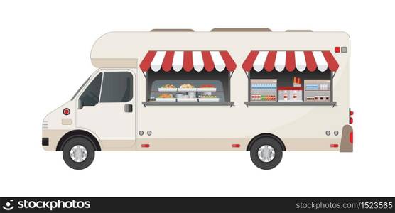 Food truck side view with food and drink, modern van transport flat vector illustration.