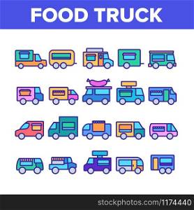 Food Truck Transport Collection Icons Set Vector Thin Line. Food Truck Vehicle With Sausage On Roof, Catering Trailer Street Cafe Concept Linear Pictograms. Color Contour Illustrations. Food Truck Transport Collection Icons Set Vector