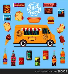 Food truck with big set summer meal, fast food snacks, bottle drinks and ice cream. Flat vector illustration. Fast food snack and lunch. Food truck with big set summer meal, fast food snacks, bottle drinks and ice cream. Flat vector illustration